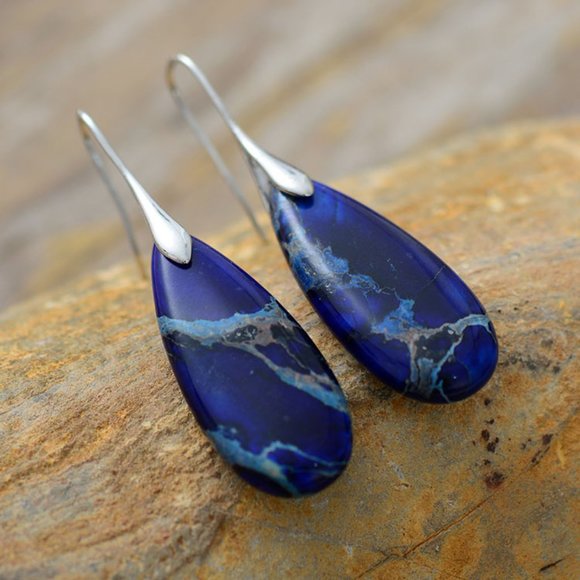 Natural Stone Sea Sediment Bohemian Women Dark Blue Healing Luxury Earrings Gift - Picture 2 of 2